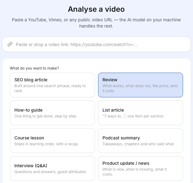 ReelBlog: paste a video link and choose what to make — SEO article, review, how-to guide and more