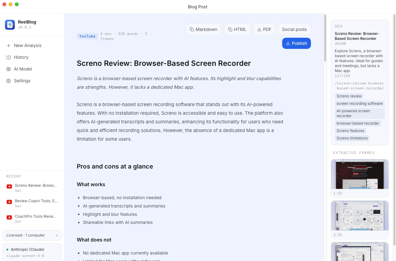 The ReelBlog desktop app showing a finished blog post next to its SEO panel and extracted video frames