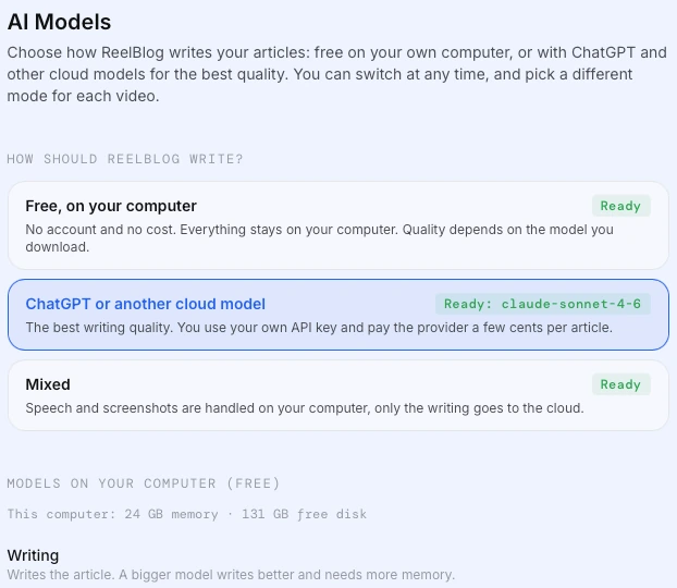 ReelBlog AI Models: write for free on your computer, or with ChatGPT or another cloud model