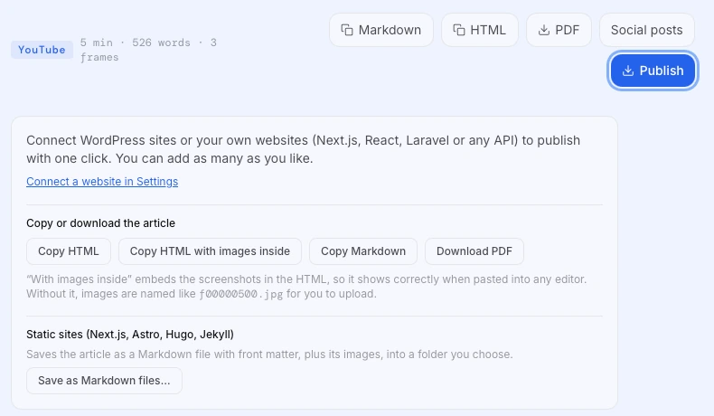 ReelBlog publish panel: connect WordPress or your own site, copy HTML or Markdown, download a PDF